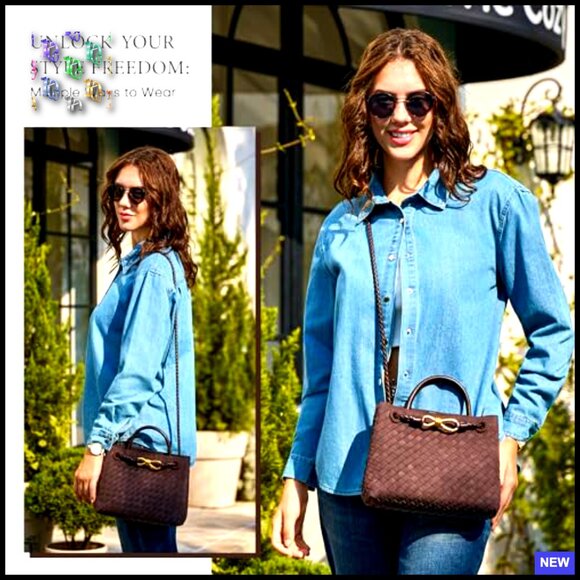 Woven Tote Handbag Top Handle Shoulder Bag PU Leather Chic Versatile Satchel - Picture 2 of 7